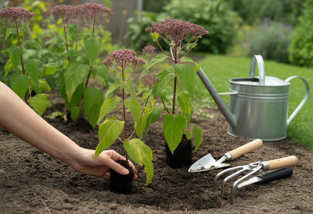 Hands planting Joe Pye weed seedlings in rich soil in a sunny garden with gardening tools nearby.