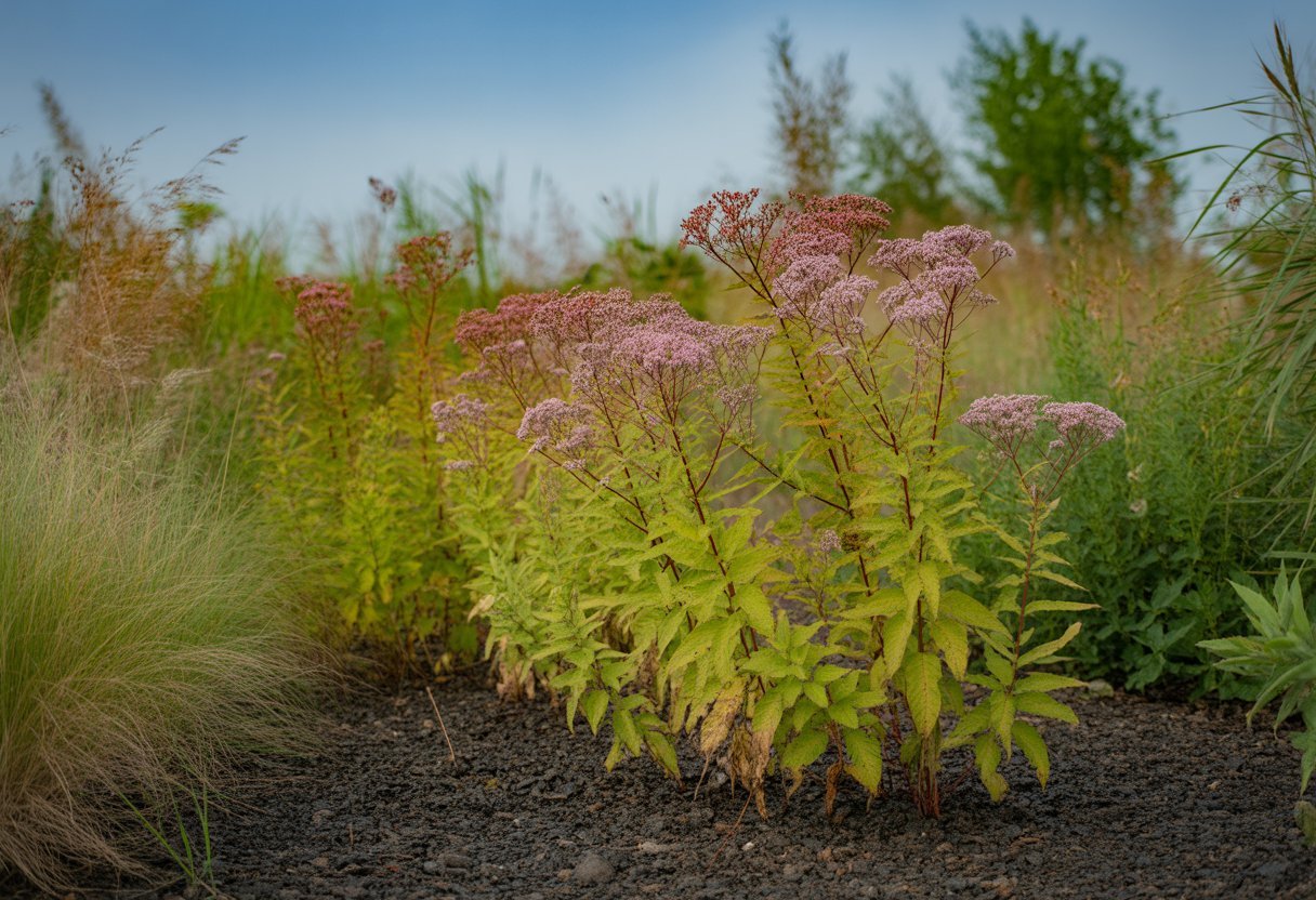 A garden scene with tall Joe Pye weed plants blooming in rich, dark soil surrounded by other native plants under natural sunlight.