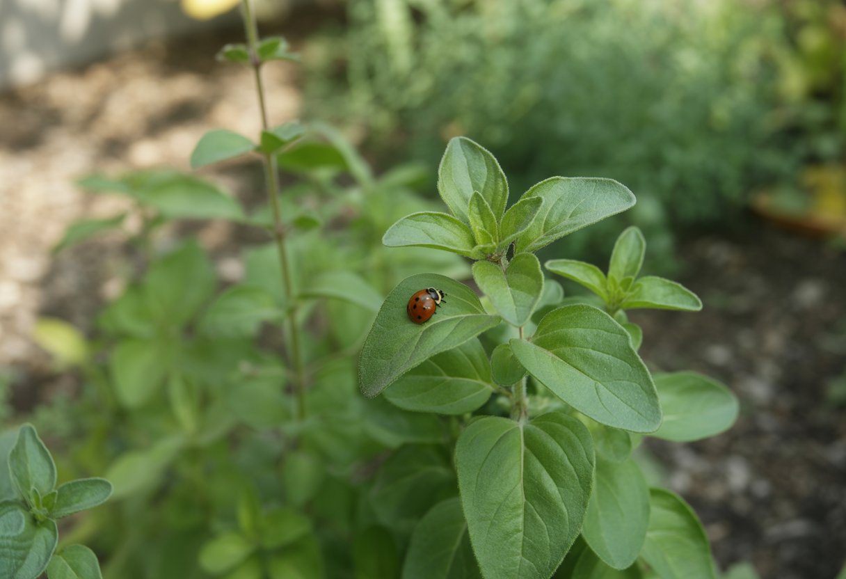 Organic Pest Control for Oregano: Effective Methods to Protect Your Herb Garden - PlantNative.org Close-up of a healthy oregano plant with a ladybug on a leaf in a garden.