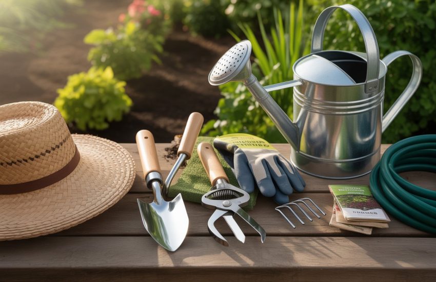A collection of gardening tools including a hand trowel, pruning shears, gloves, garden fork, watering can, garden hose, seed packets, and a straw hat arranged on a wooden table outdoors with plants in the background.