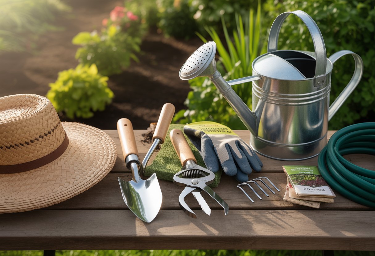 A collection of gardening tools including a hand trowel, pruning shears, gloves, garden fork, watering can, garden hose, seed packets, and a straw hat arranged on a wooden table outdoors with plants in the background.