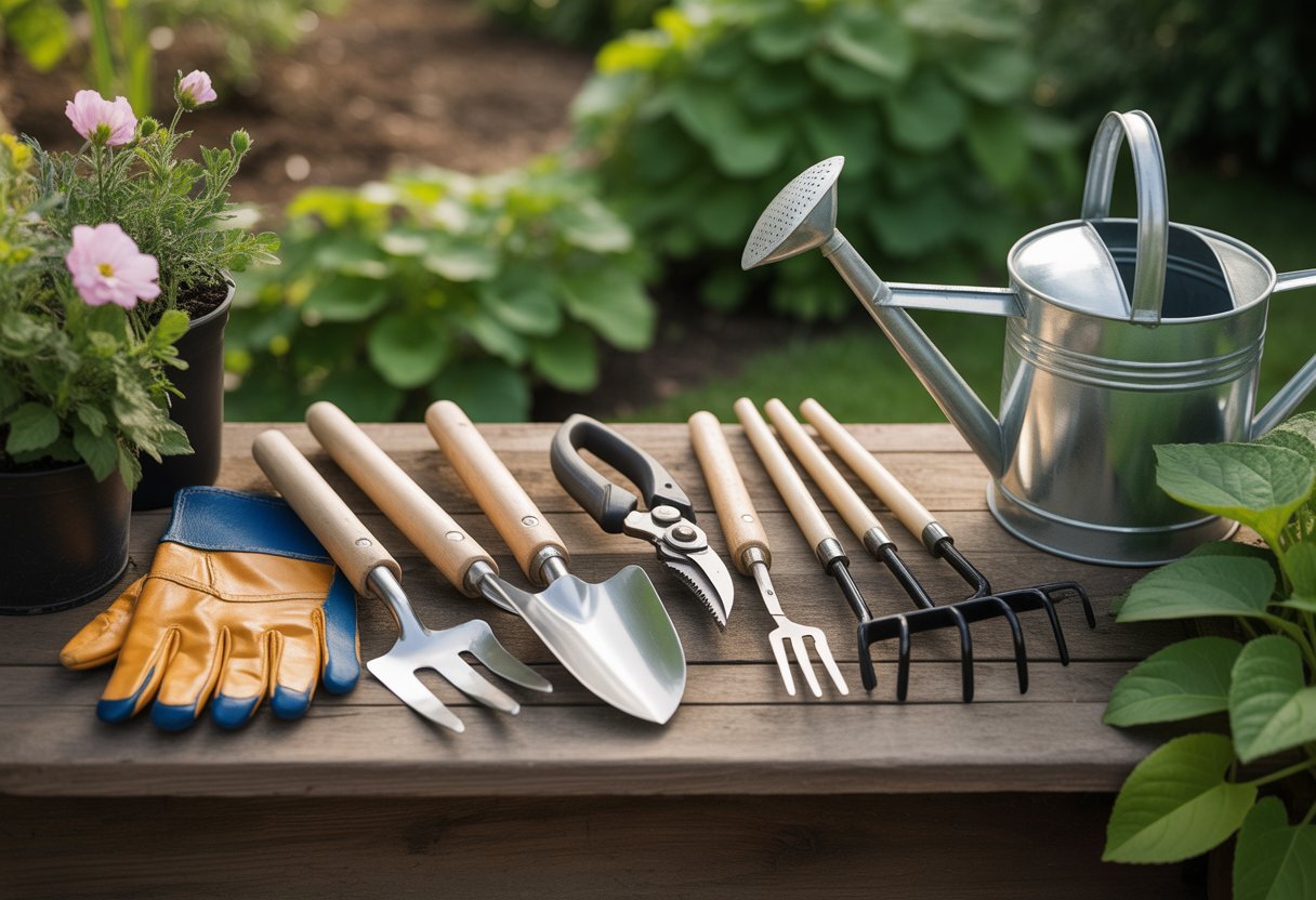 A collection of gardening tools including a trowel, pruning shears, gloves, watering can, and rake arranged on a wooden table in a green garden.