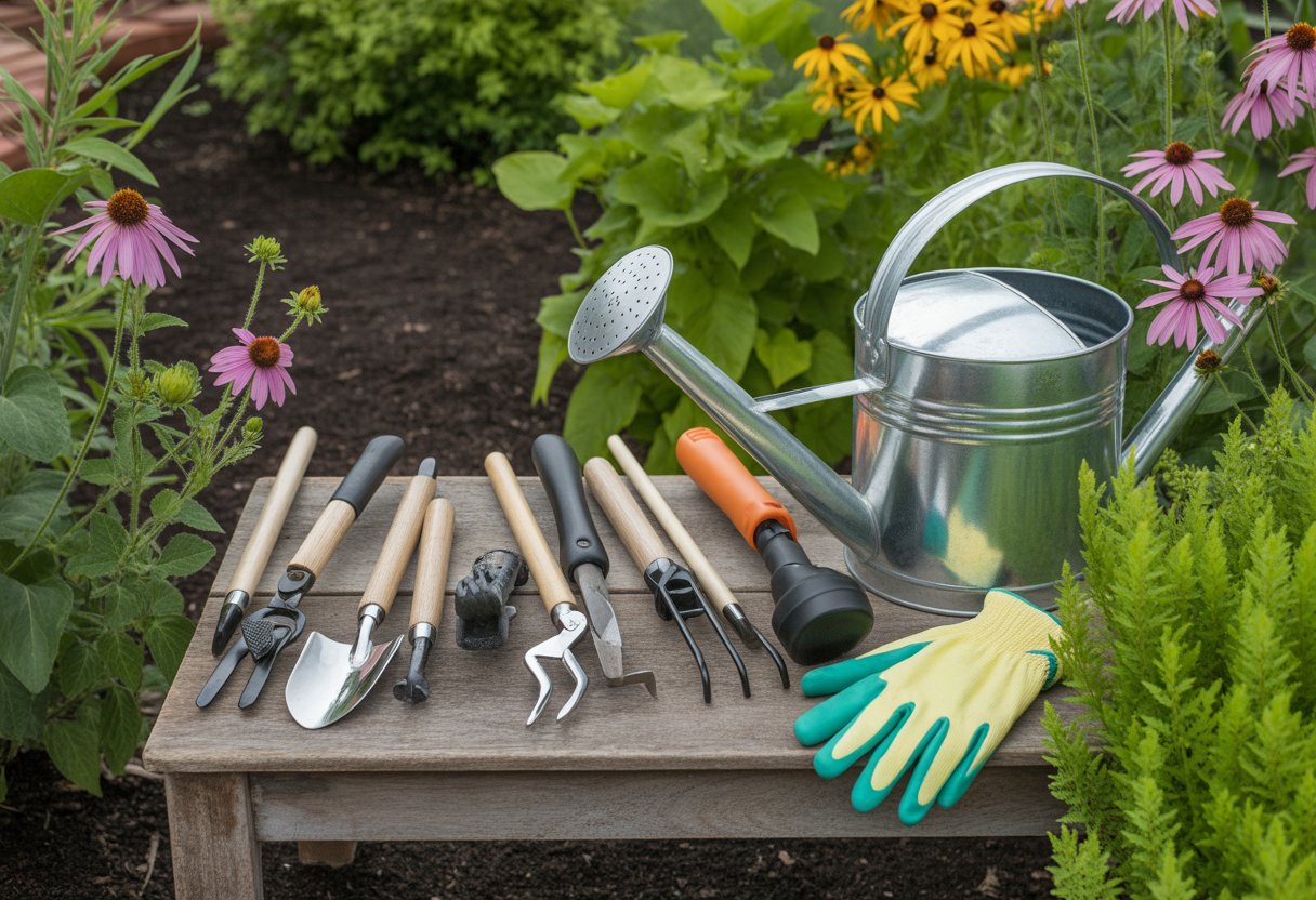 A collection of gardening tools including a trowel, pruning shears, gloves, and a watering can arranged on a wooden table in front of a green garden with blooming flowers.