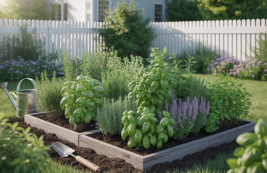 A sunny backyard herb garden with various green herbs growing in raised beds, a white picket fence, and a gardener’s hand tending to the plants.