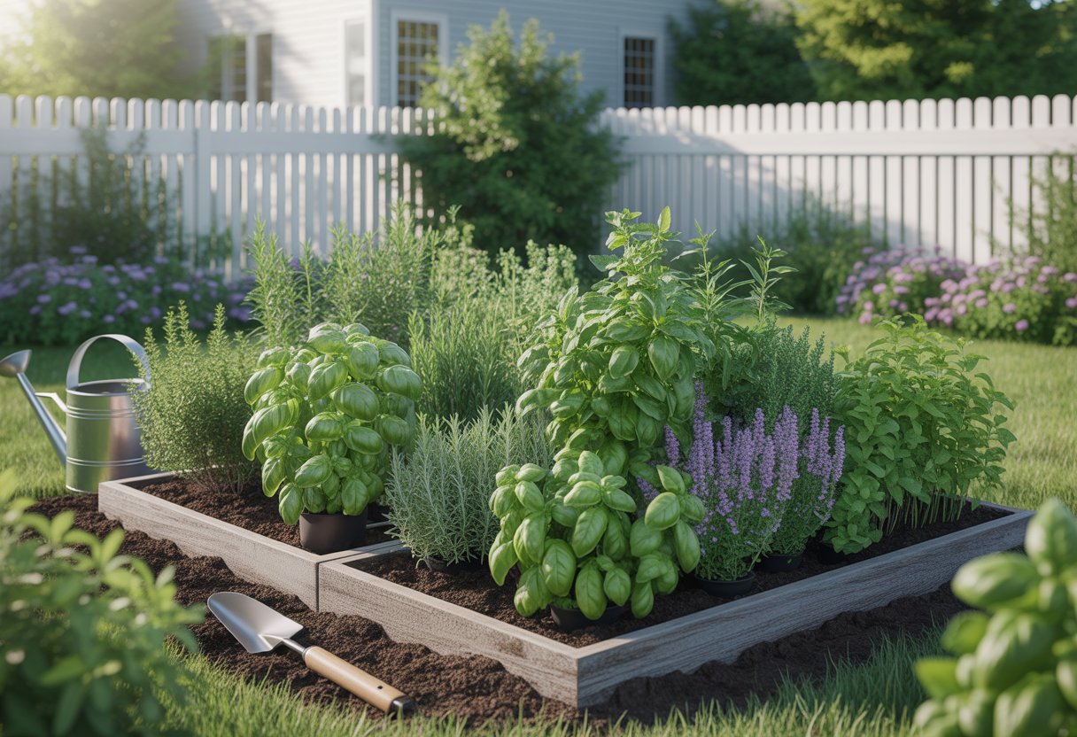 A sunny backyard herb garden with various green herbs growing in raised beds, a white picket fence, and a gardener’s hand tending to the plants.