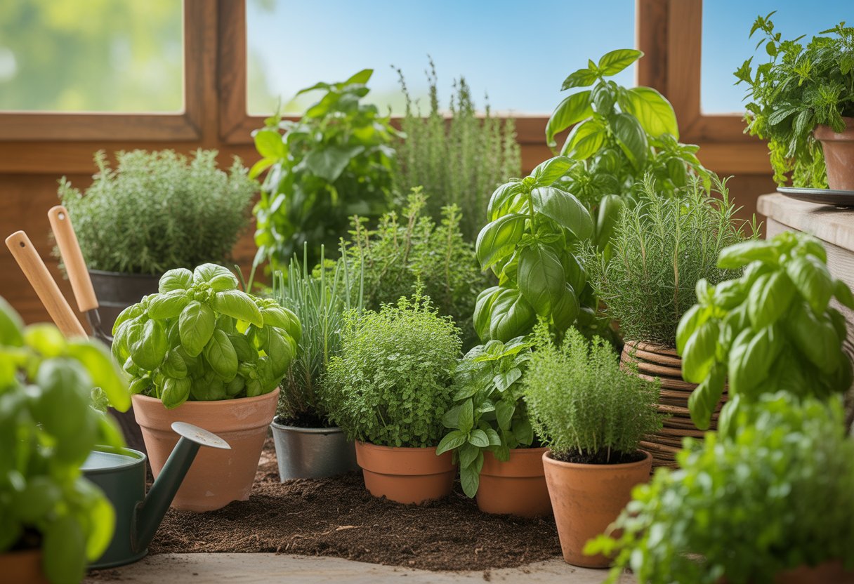 A bright outdoor herb garden with healthy basil, rosemary, thyme, and mint plants growing in soil and pots under sunlight, with gardening tools nearby.