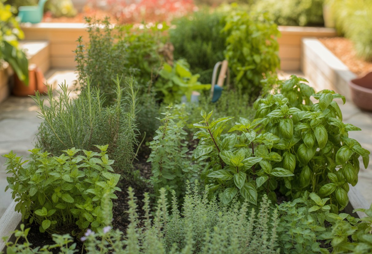 A sunlit herb garden with healthy basil, mint, rosemary, thyme, and oregano plants growing in neat rows in a backyard setting.