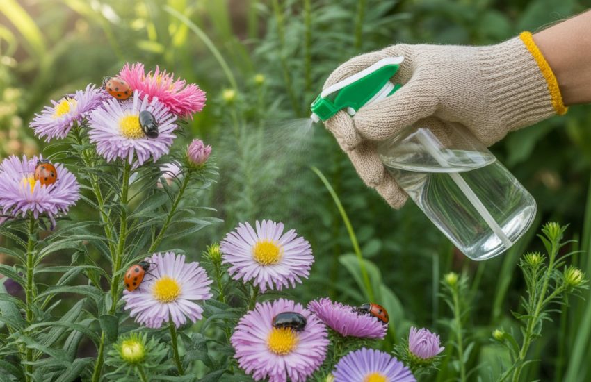 A gardener sprays organic pest control on blooming aster flowers with beneficial insects on the leaves in a sunny garden.