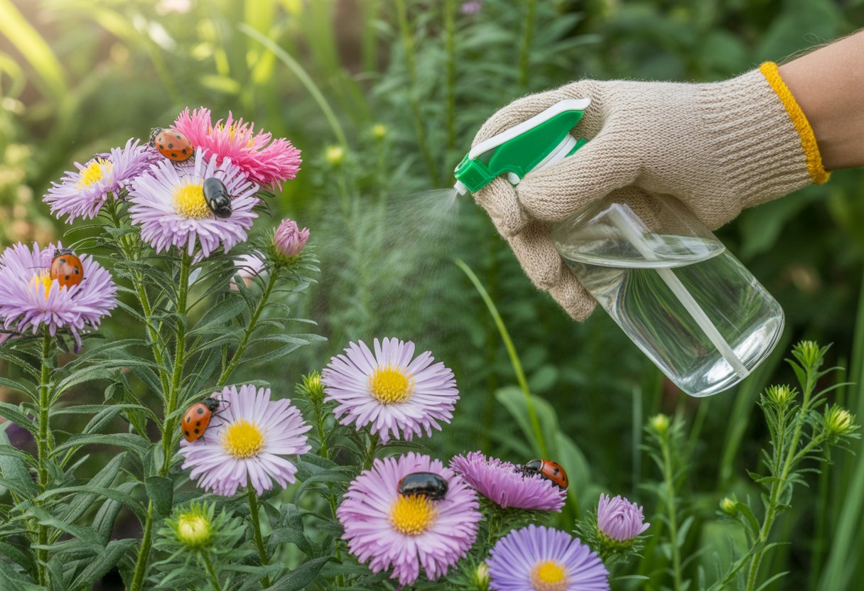 A gardener sprays organic pest control on blooming aster flowers with beneficial insects on the leaves in a sunny garden.