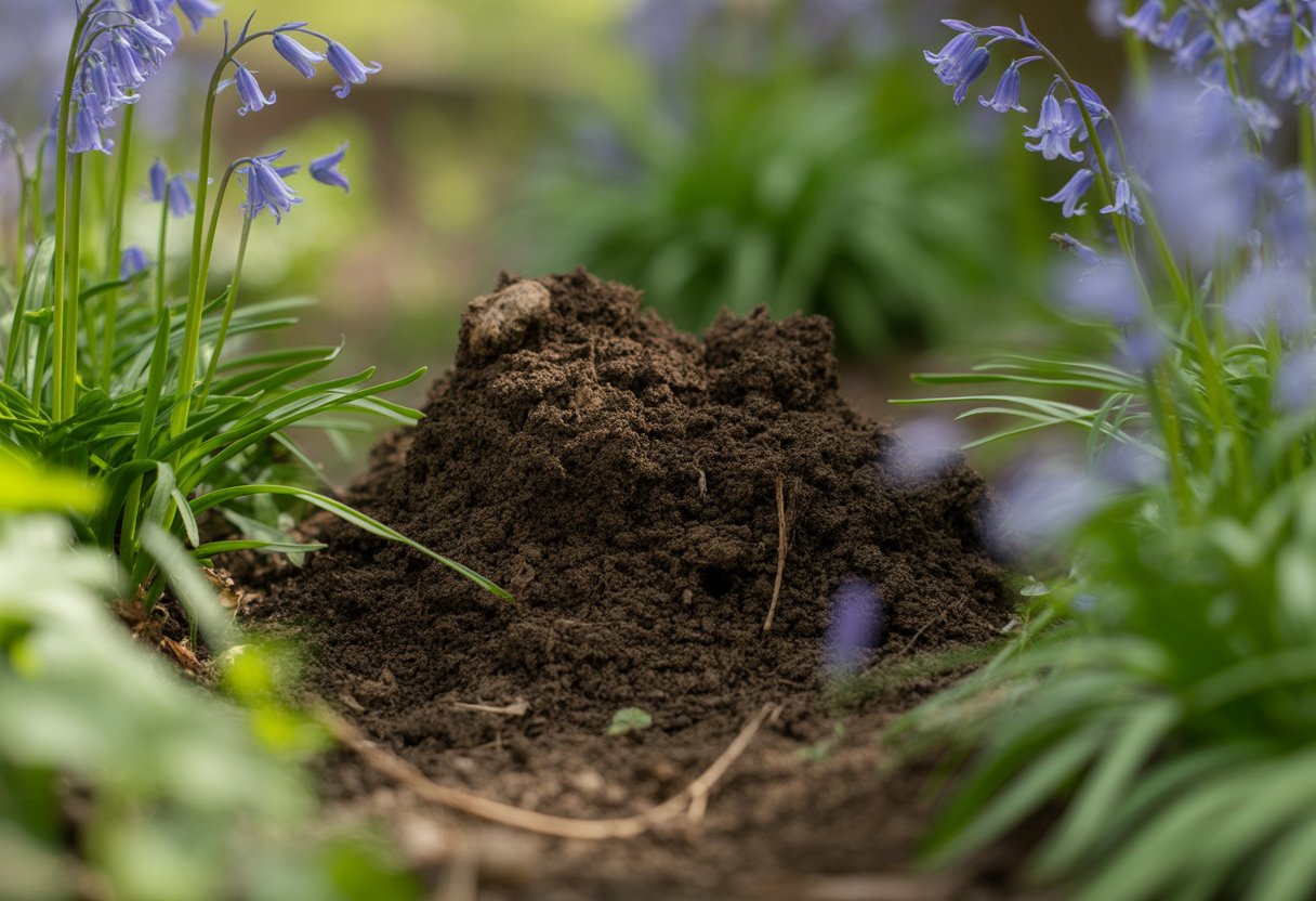 Close-up of rich dark soil with green bluebell plants and blue flowers beginning to bloom.