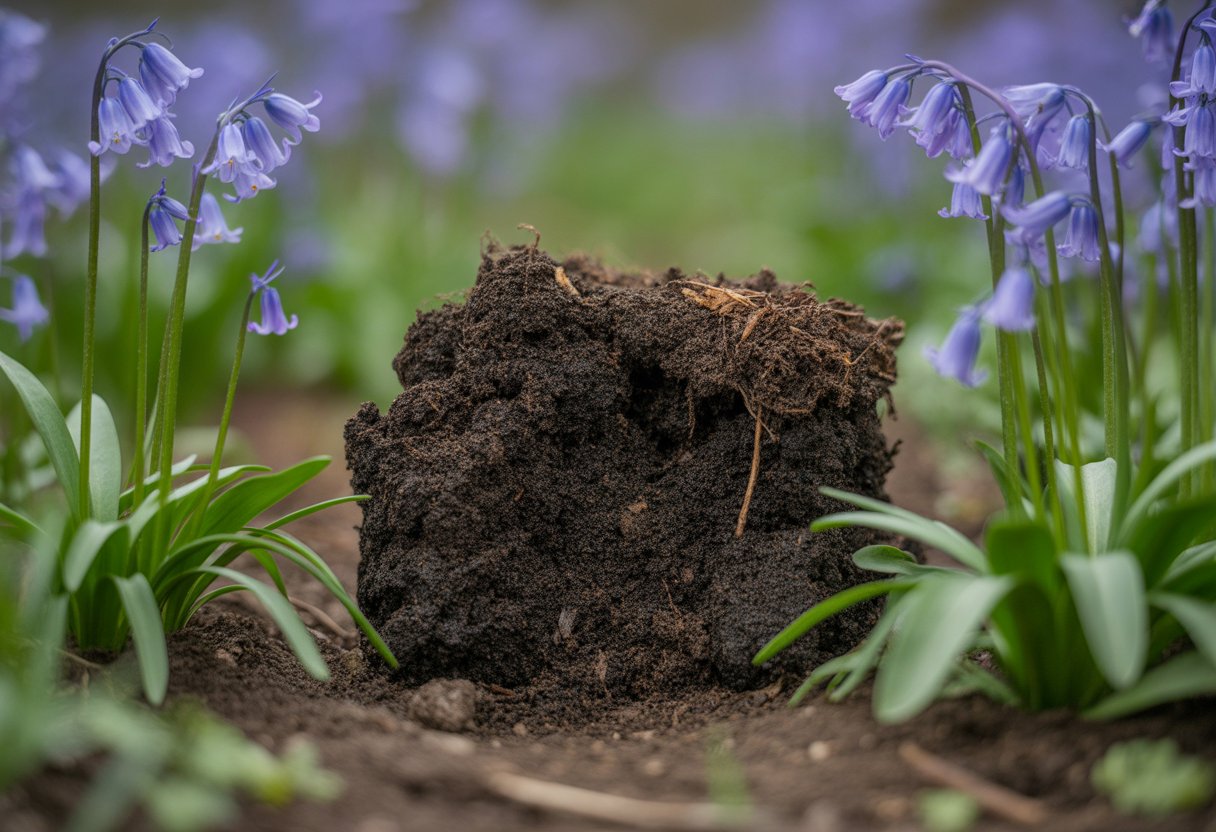Close-up of rich soil with healthy bluebell plants growing, showing green leaves and blue flowers.