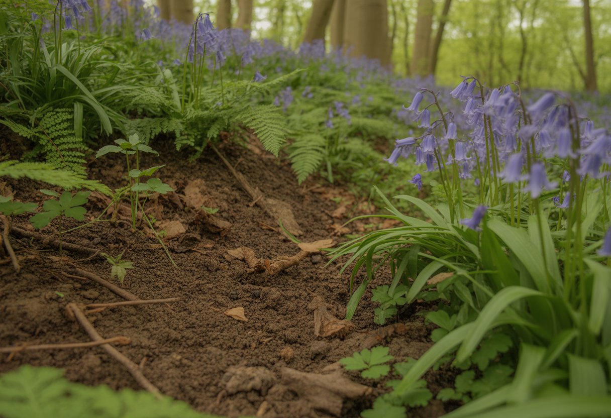Close-up of bluebell flowers growing in rich, dark soil on a forest floor with dappled sunlight filtering through trees.