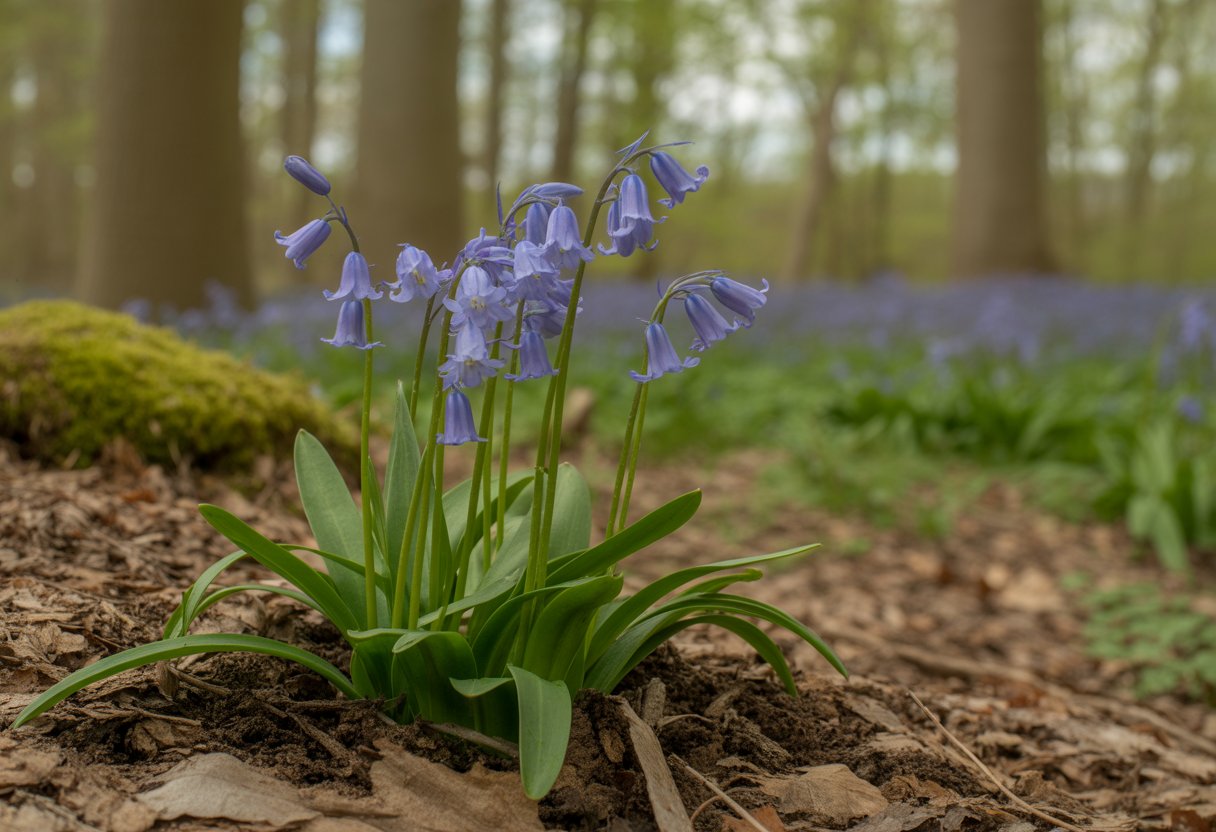Close-up of bluebell flowers growing in a shaded woodland area with rich soil and green leaves.