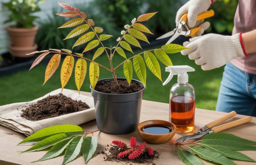 A gardener trims damaged sumac leaves showing signs of discoloration and insect damage, with natural remedies and gardening tools nearby in a garden.