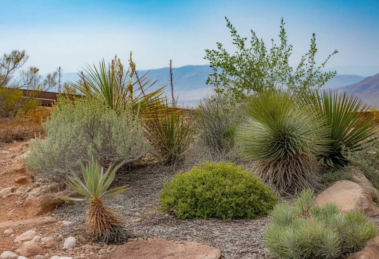 A dry garden with native Utah plants like sagebrush and yucca growing among rocks and reddish soil, with mountains and blue sky in the background.
