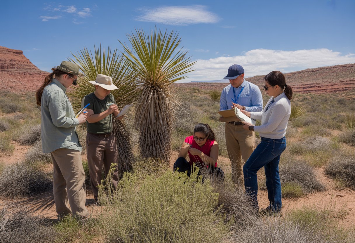People studying and discussing drought-tolerant native plants in a Utah desert landscape with red rock formations.