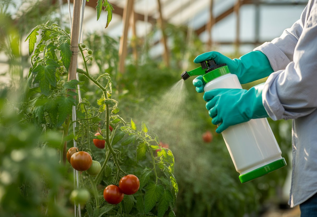 A farmer wearing gloves sprays organic pesticide on healthy tomato plants in a garden.