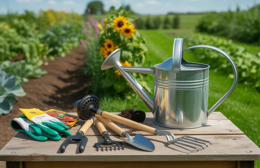 A collection of gardening tools including pruning shears, trowel, watering can, gloves, and seed packets arranged on a wooden table with a garden and blue sky in the background.