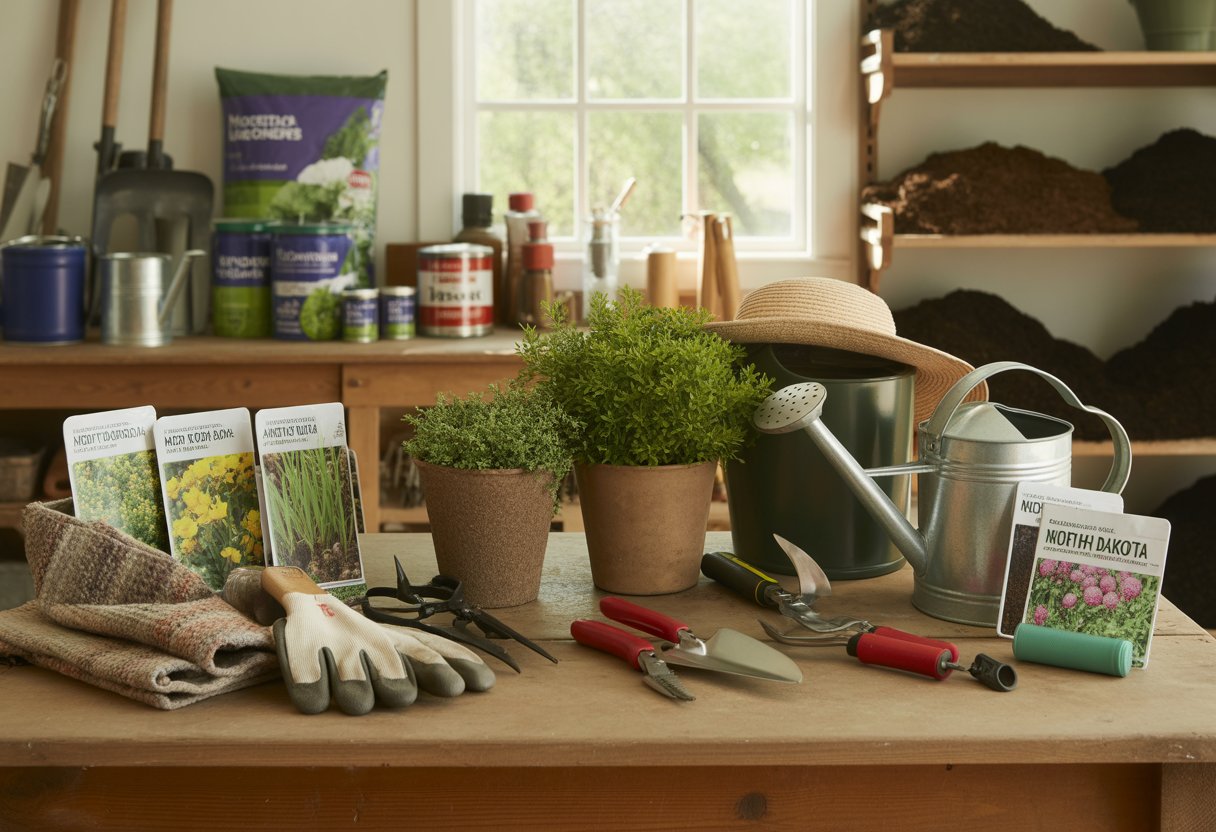 A well-organized gardening workspace with tools, gloves, seed packets, and home improvement supplies on shelves in a bright garden shed.