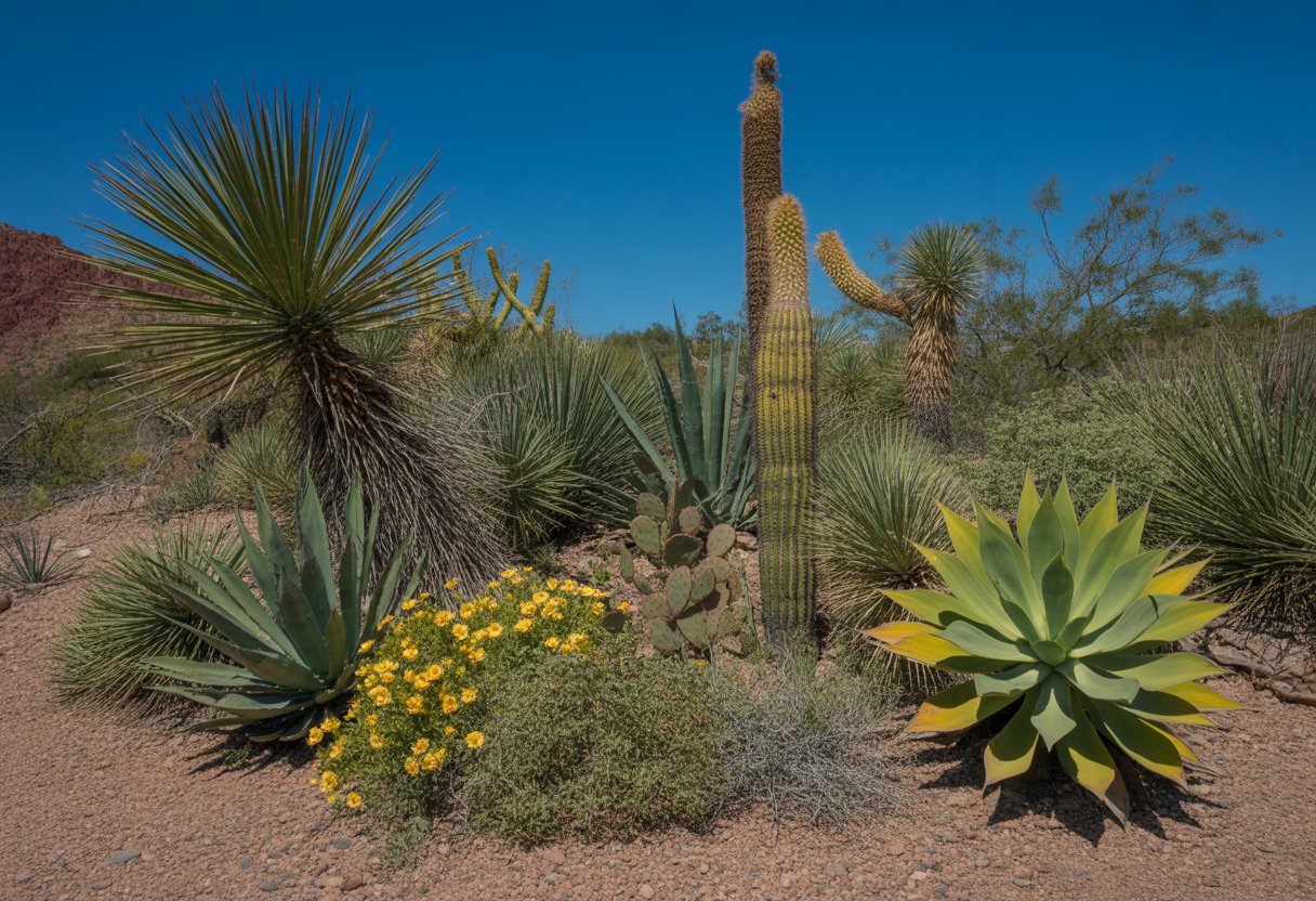 A sunlit desert garden with various drought-tolerant native plants including agave, yucca, desert marigold, ocotillo, and prickly pear cactus against red soil and a clear blue sky.