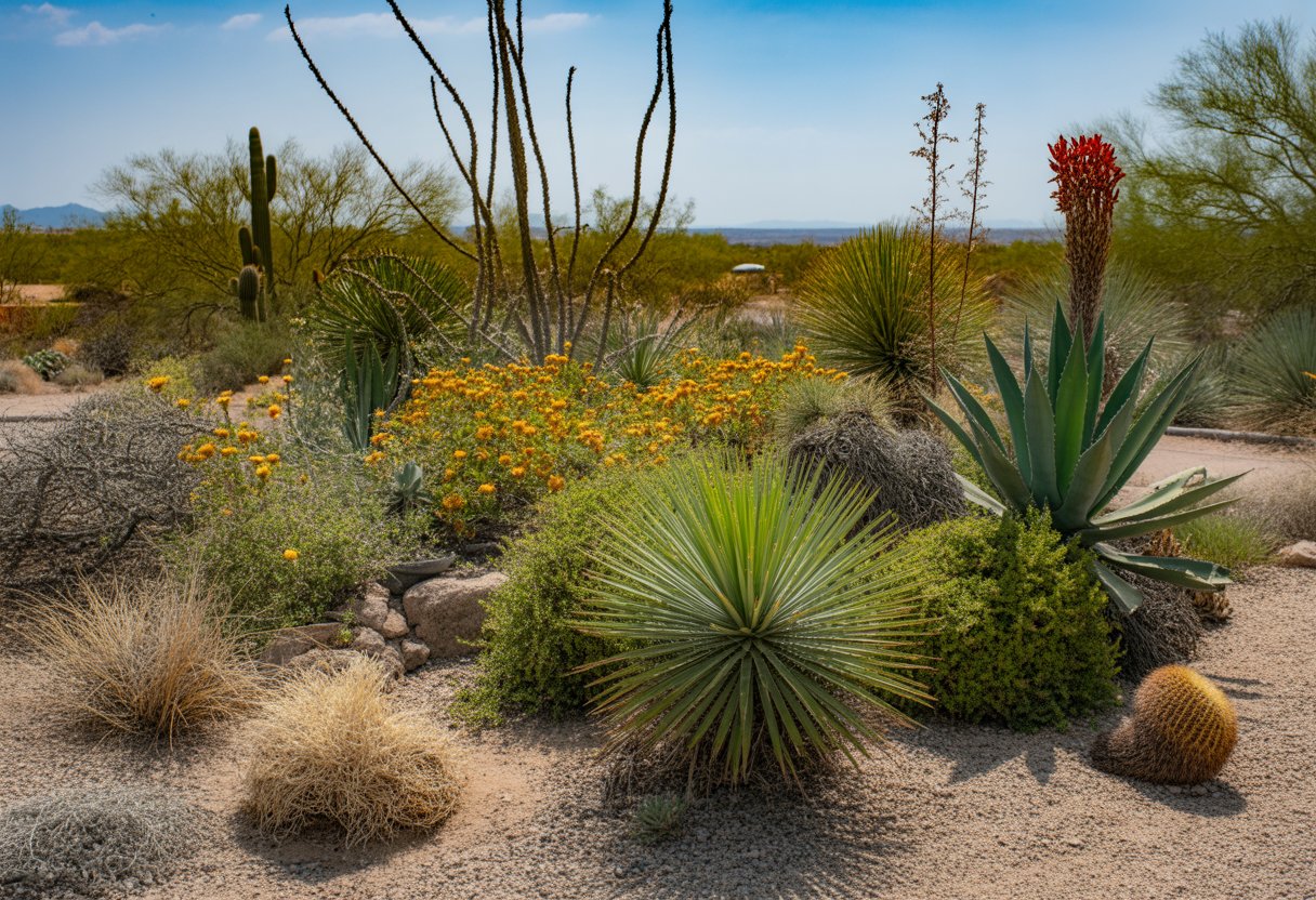 A garden of drought-tolerant native plants in Arizona with desert mountains in the background under a clear blue sky.
