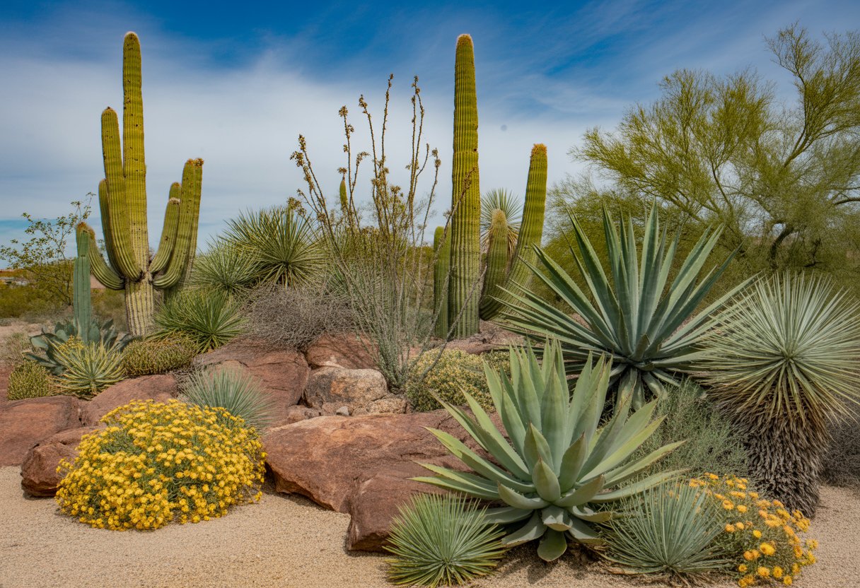 A desert landscape with various drought tolerant native plants including cacti and flowering shrubs under a clear blue sky.