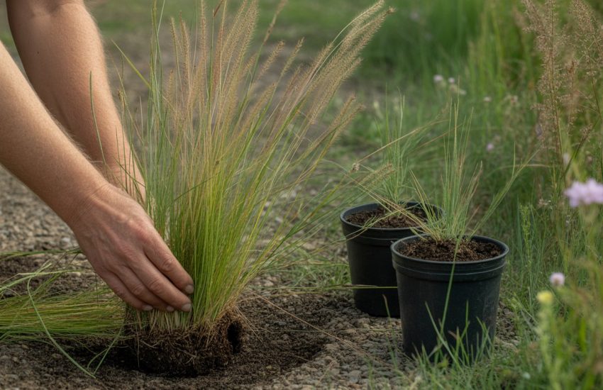 Hands dividing prairie dropseed grass with small pots and garden bed in the background.