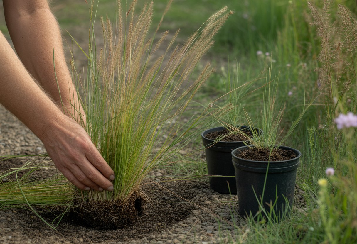 Hands dividing prairie dropseed grass with small pots and garden bed in the background.