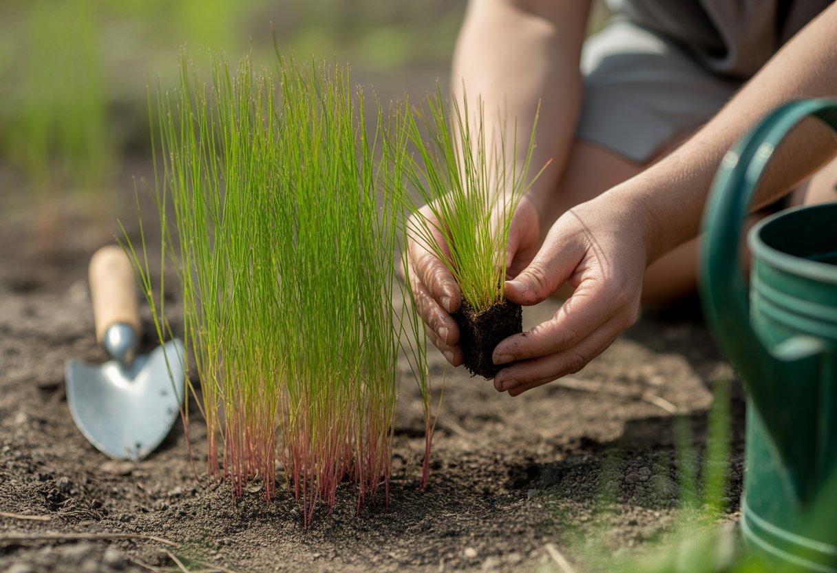 Hands wearing gardening gloves gently holding young prairie dropseed plants growing in soil with gardening tools nearby.