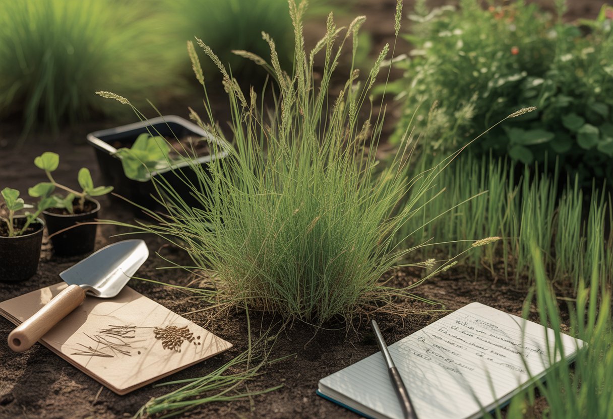 Close-up of prairie dropseed grass with gardening tools and seedlings in a garden bed.