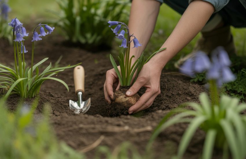 Hands planting bluebell bulbs in soil with bluebell flowers and green leaves nearby.
