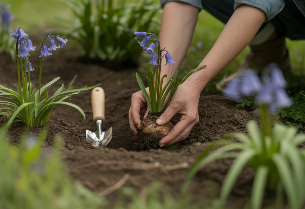 Hands planting bluebell bulbs in soil with bluebell flowers and green leaves nearby.