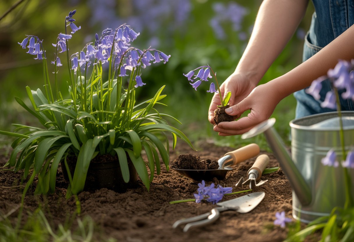 Close-up of hands holding a bluebell seedling among blooming bluebell flowers and gardening tools in a garden.