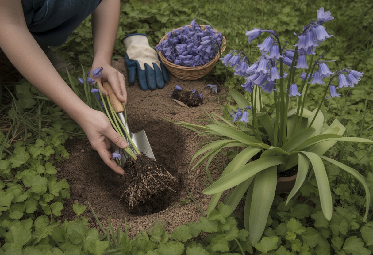 Hands digging up bluebell bulbs from soil with bluebell flowers and gardening tools nearby in a garden.
