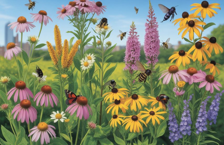 A garden with colorful native flowers and pollinators like bees, butterflies, and hummingbirds visiting the blossoms under a clear sky.