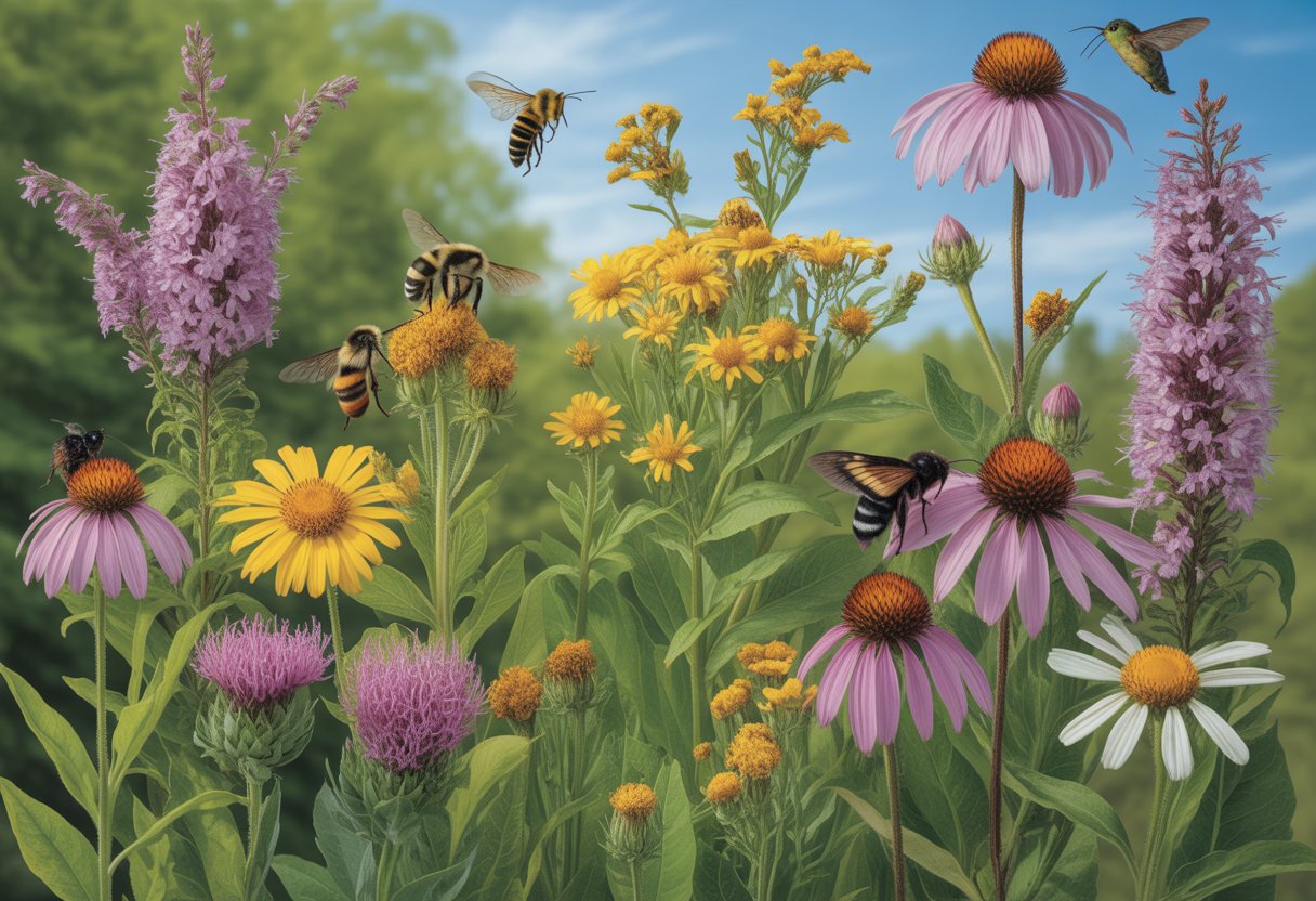 A garden with colorful native New York pollinator plants and various bees, butterflies, and hummingbirds visiting the flowers.