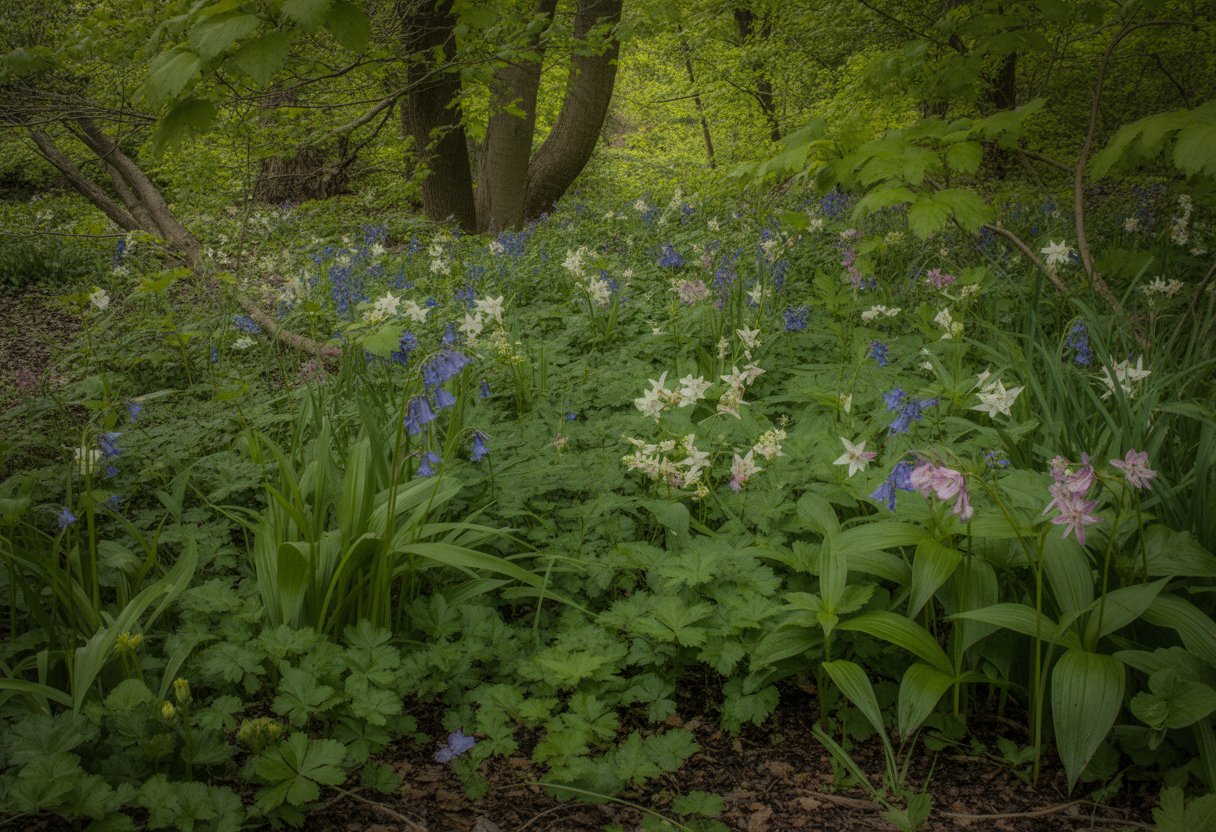 A shaded garden area in Ohio filled with various colorful wildflowers growing beneath green tree foliage.