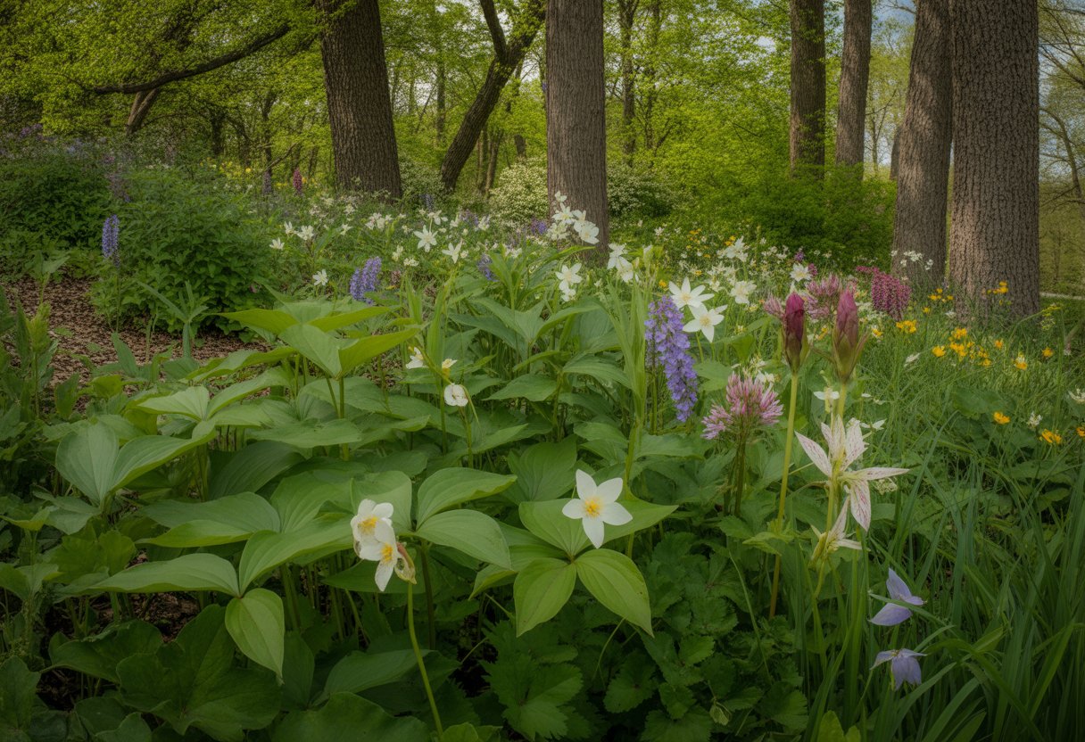 A shaded garden area in Ohio filled with native wildflowers like trilliums and bloodroot growing among green foliage under tall trees.