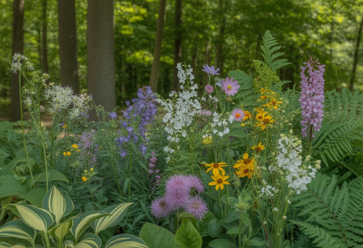 A shaded garden area in Ohio filled with various colorful wildflowers and green leafy plants under tall trees with sunlight filtering through.
