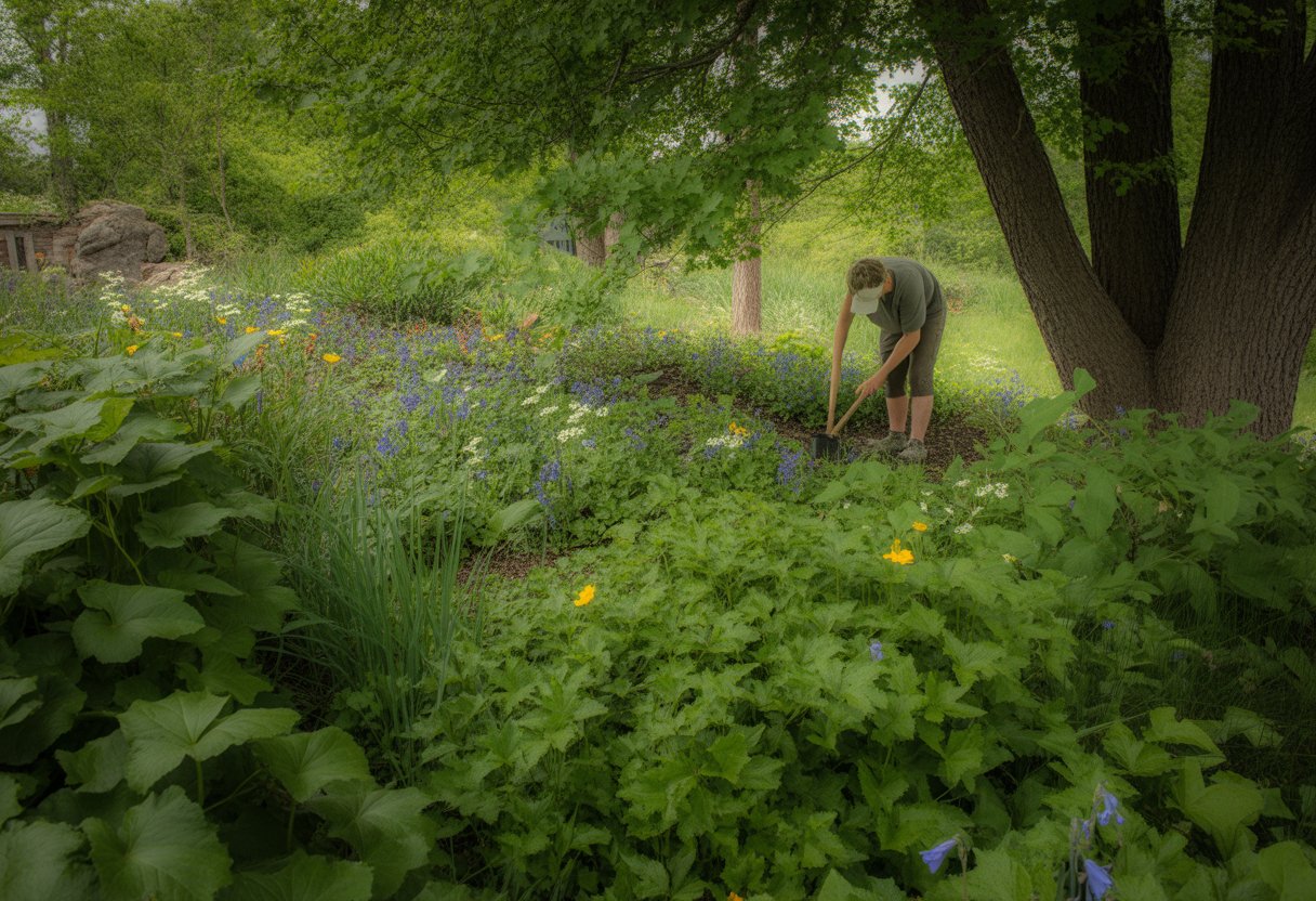 A person planting and caring for colorful wildflowers in a shaded garden surrounded by trees and green foliage.