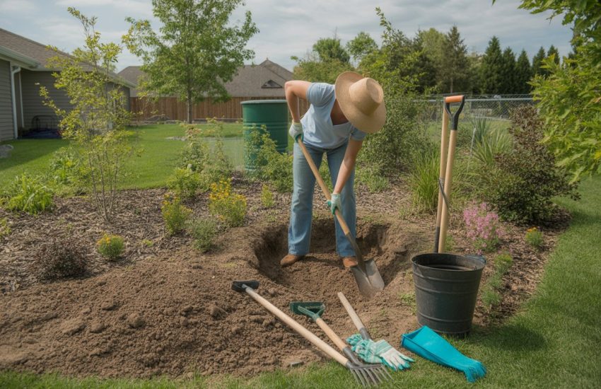 A person digging soil in a backyard garden surrounded by gardening tools and young plants.
