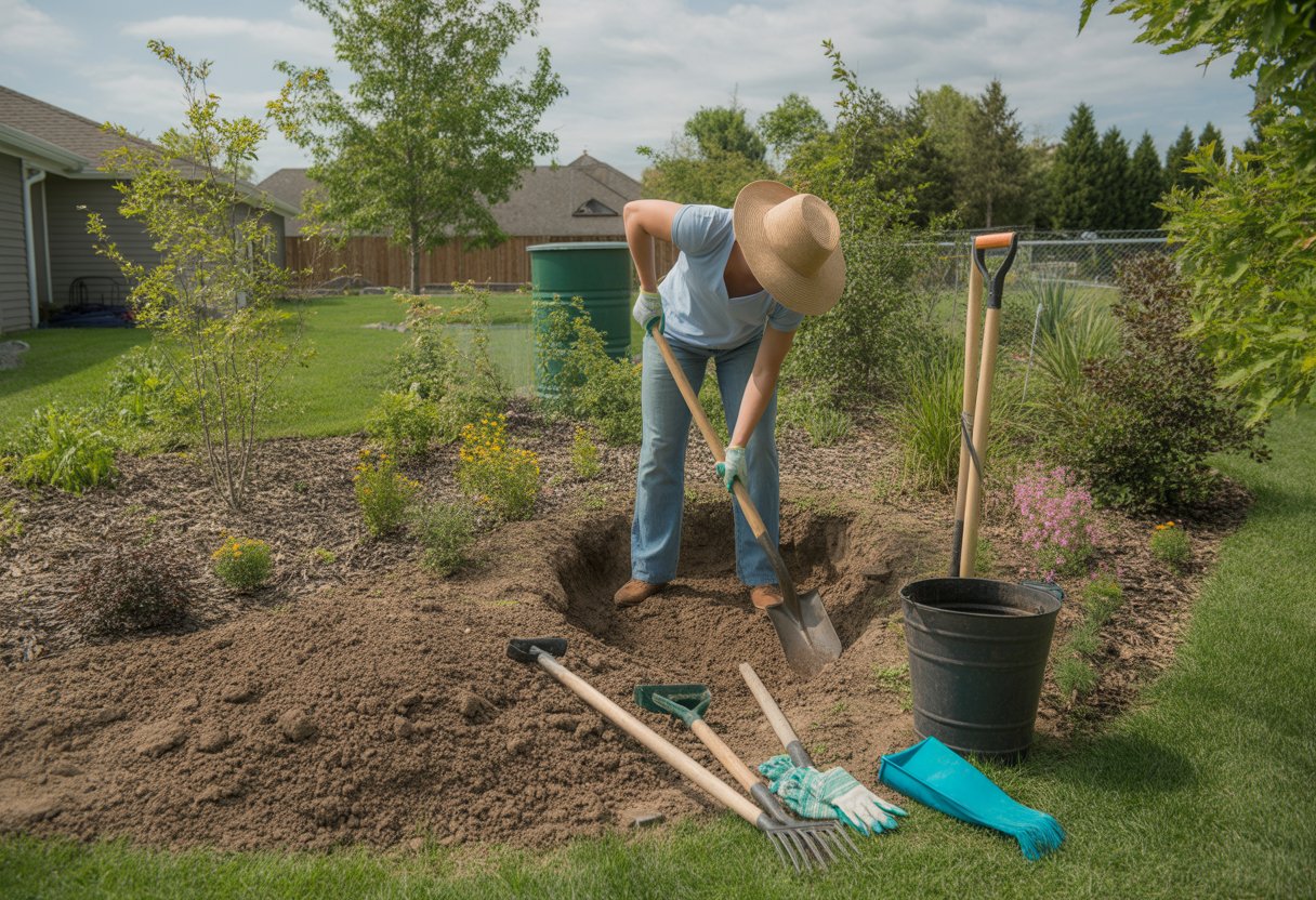 A person digging soil in a backyard garden surrounded by gardening tools and young plants.