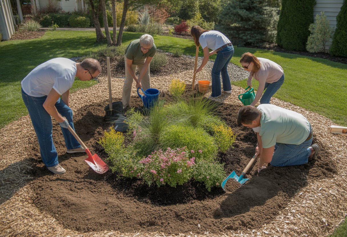 People working together outdoors planting a rain garden in a residential yard with soil, plants, and gardening tools.
