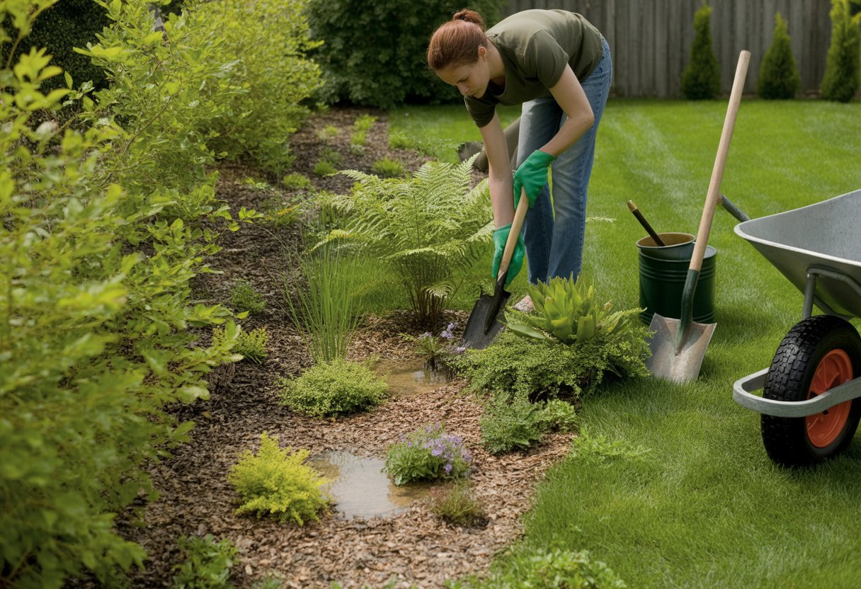 Person planting native plants in a shallow garden designed to capture rainwater, surrounded by greenery and gardening tools in a backyard.