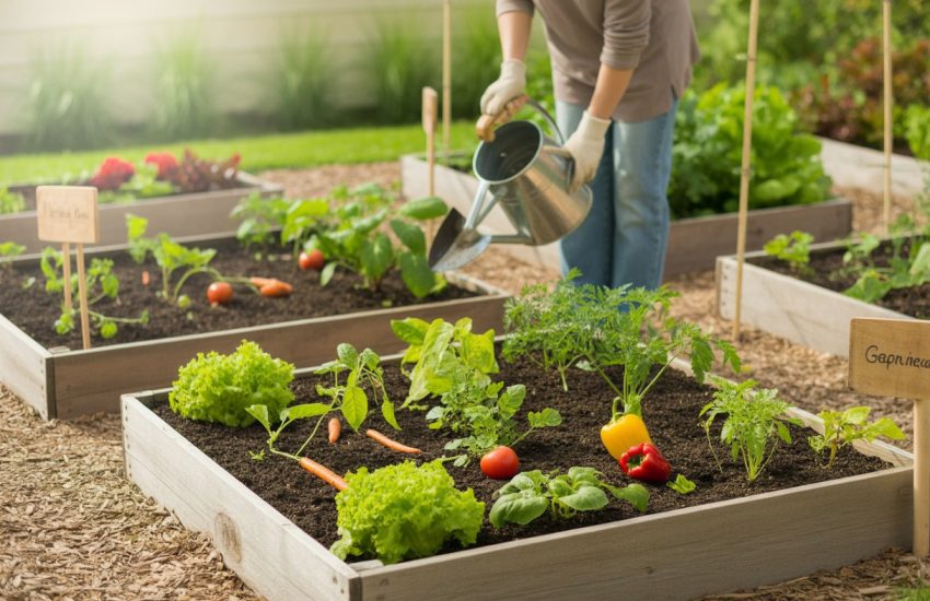 A beginner gardener tending to young vegetable plants in neat raised garden beds outdoors on a sunny day.