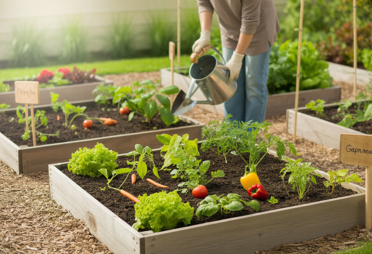 A beginner gardener tending to young vegetable plants in neat raised garden beds outdoors on a sunny day.