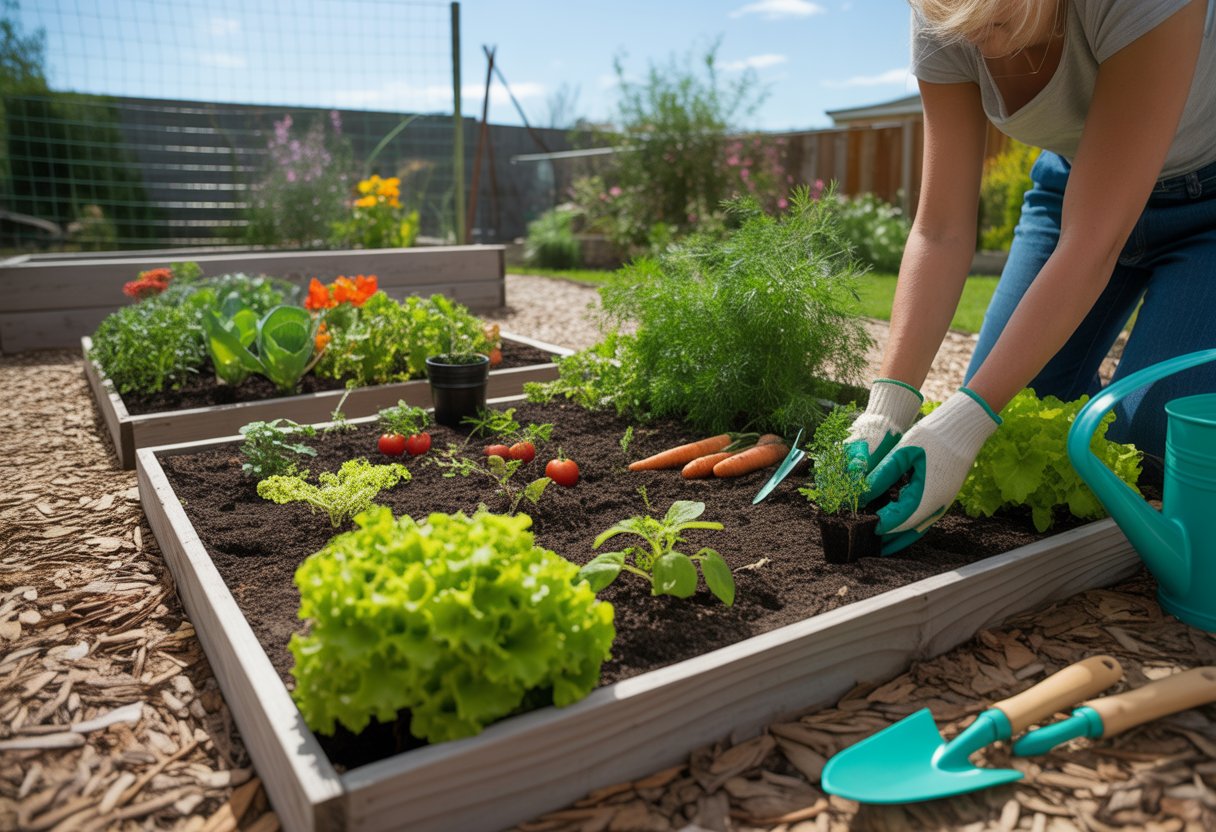 A person planting seedlings in a backyard vegetable garden with raised beds filled with various green vegetables on a sunny day.
