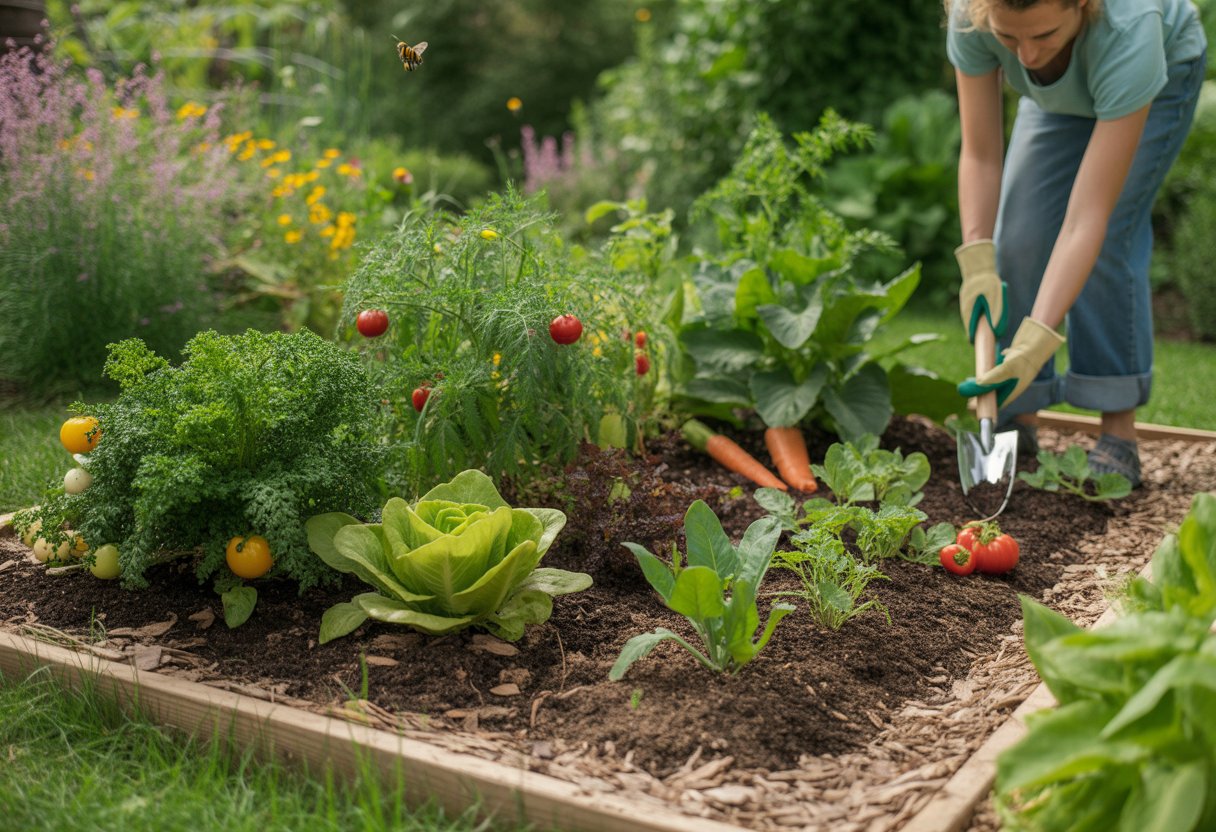 A person tending to a small organic vegetable garden with various healthy plants and flowers attracting pollinators.