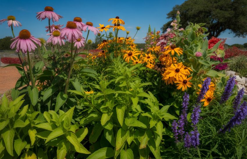 A garden bed with colorful sun-loving perennial flowers blooming under bright sunlight in a Texas landscape.