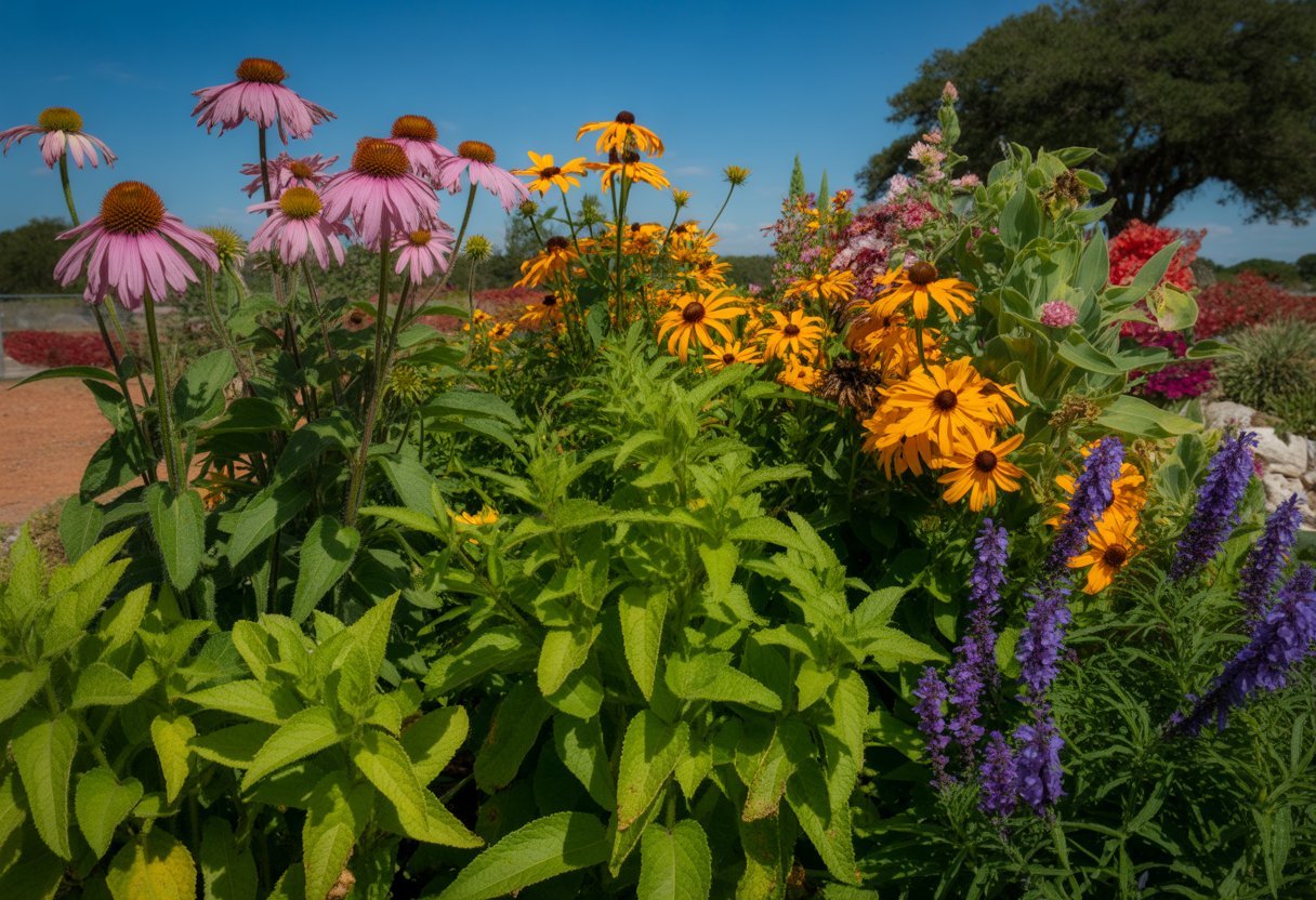 A garden bed with colorful sun-loving perennial flowers blooming under bright sunlight in a Texas landscape.
